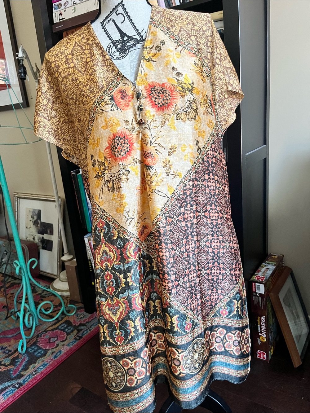 Zara Bohemian Patchwork Floral V-Neck Women's Tunic in Gold and Coral